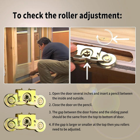 Checking roller adjustment on Two Set Gliding Patio Door Tandem Roller Assembly Replaces 1997061 And Is Compatible With 200 Series Perma Shield Narroline And 400 Series Frenchwood Gliding Doors Since 1982 Featuring One And A Quarter Inch Steel Ball Bearing And Side Adjustable.