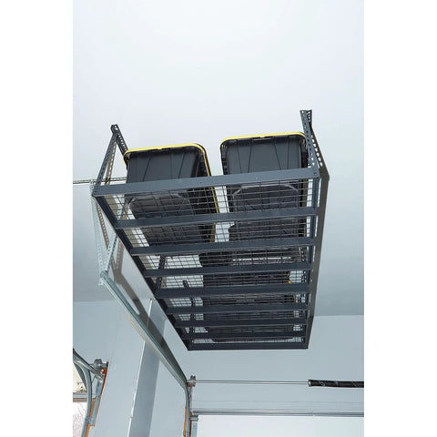 Overhead Garage Storage Rack With Oversized 8 Foot By 4 Foot Platform And Adjustable Height From 23 To 37 Inches For Heavy Duty Garage Organization And 750 Pound Weight Capacity Keeps Your Floor Clear, installed view holding storage bins.