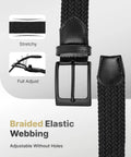 Men's Stretch Braided Elastic Woven Belt One And Three Eighths Inches Wide For Golf, Casual And Work Pants, black nylon close-up