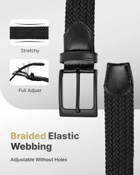 Men's Stretch Braided Elastic Woven Belt One And Three Eighths Inches Wide For Golf, Casual And Work Pants, black nylon close-up