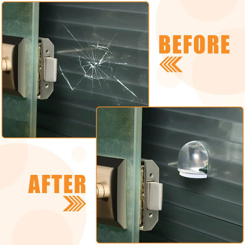 Before and after image showing damage to a wall caused by a door and the protection provided by Heavy Duty Acrylic Door Stopper 4 Pack No Drill Sticky Wall Bumpers.