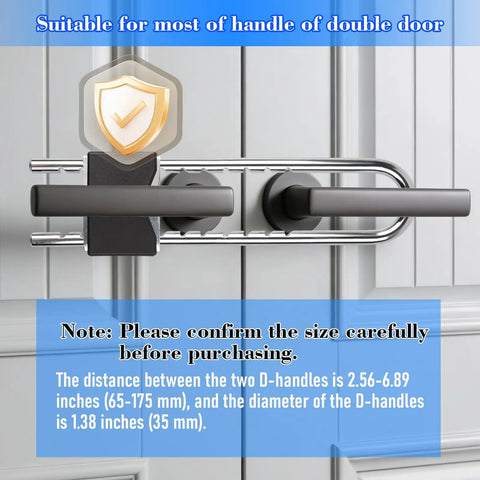 Beefy U Shaped Portable French Door Lock For Double Doors With Handles And Knobs All Metal Security Lock fits 1-1/2 inch gap