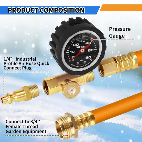 2025 RV Winterizing Kit Upgrade With Oil Pressure Gauge, Sprinkler Blowout Adapter, showing gauge and hose connectors