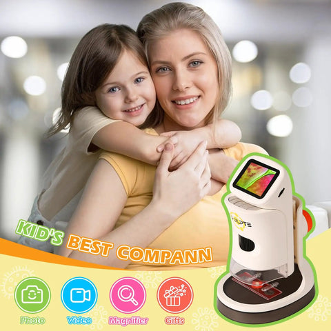 Kid-Friendly Handheld Digital Microscope With 1000X Zoom And 2.1 Inch HD LCD Screen, Six LED Lights, Ergonomic Angled Design For Eye And Neck Comfort, A Fun, Engaging Tool For STEM Learning, Exploration, And Hands-On Discovery. child holding microscope