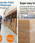 Heavy Duty Long Handle Pallet Stretch Wrap Dispenser For No Sweat Warehouse Hustle With Slick Spool Action and Easy Grip in use.