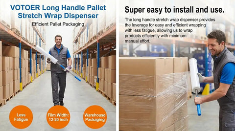 Heavy Duty Long Handle Pallet Stretch Wrap Dispenser For No Sweat Warehouse Hustle With Slick Spool Action and Easy Grip in use.