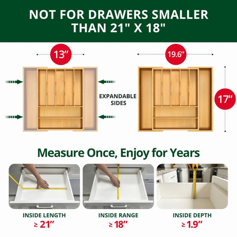 No Drama Heavy Duty Bamboo Kitchen Drawer Organizer And Wide Cutlery Tray For Killer Silverware Storage showing measurements for expandable use.