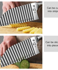 Stainless steel crinkle cutter with a wavy blade; two views show cutting potatoes into strips and cucumber into pieces.