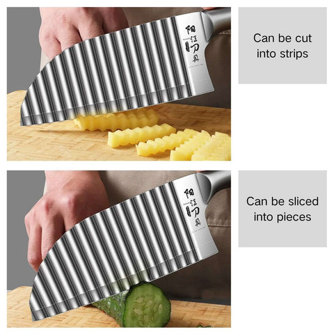 Stainless steel crinkle cutter with a wavy blade; two views show cutting potatoes into strips and cucumber into pieces.