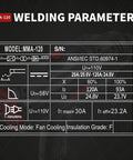Specifications chart for Portable 110V IGBT Inverter Stick Welder With Hot Start And Anti Stick, 20 To 120 Amp Handheld ARC Welder Gun