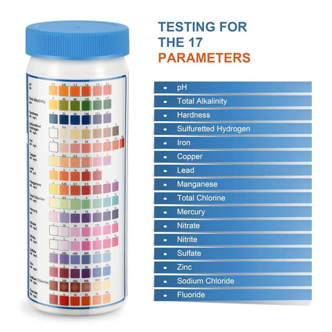 Complete 17 Parameter Drinking Water Test Strips With Two Bacteria Detection Kits For Home Well Tap And Floodwater Testing, 50 strips jar with color chart.
