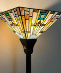 70 Inch Tiffany Torchiere Floor Lamp With Antique Mission Style Stained Glass Shade lit up showing amber cream glass detail