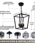Square Metal Farmhouse Pendant Light Chandelier For Kitchen Island And Foyer, showing dimensions and adjustable height feature.