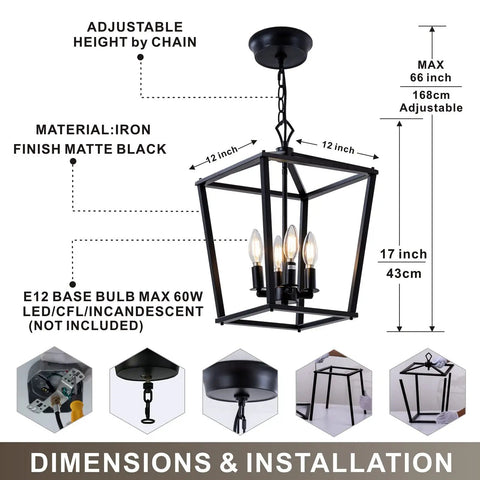 Square Metal Farmhouse Pendant Light Chandelier For Kitchen Island And Foyer, showing dimensions and adjustable height feature.