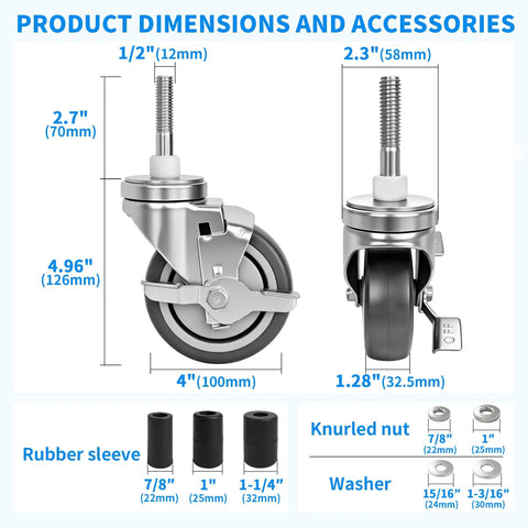 4 Inch Expanding Stem Casters With Kickstand Side Brake Hella Durable Heavy Duty Furniture Wheels dimensions and accessories diagram