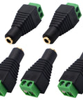 Dead Simple Three Point Five Millimeter To Two Pin Screw Terminal Audio Adapter Solderless Converter Plug For Headphones And Mic No Sweat Install Smooth Integration Durable Housing Five Pack set of five adapters with green screw terminals.