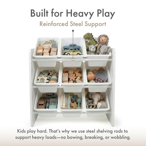 Three Tier Toy Storage Organizer With Nine Removable Bins For Kid Friendly Playroom No Mess Easy Cleanup Durable Engineered Wood Frame Sturdy Toddler Toy Organization In White