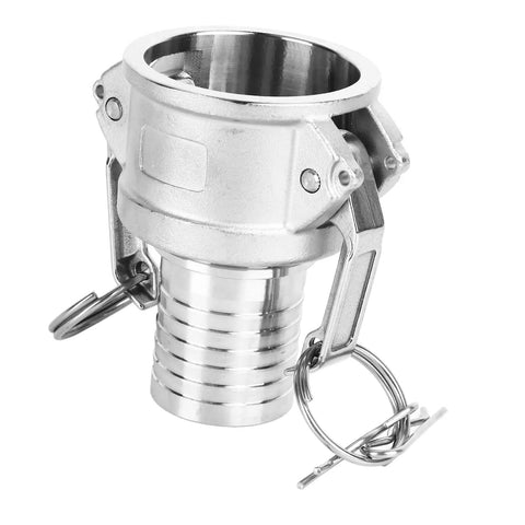 Heavy Duty 304 Stainless Steel Camlock Fitting For A Snappy Quick Hook Up 1.5 Inch Hose Coupling and Cam Lock Pipe Connector showing C-type end and locking mechanism.