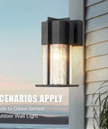 Dusk To Dawn Exterior Wall Light With Crackle Glass Sensor, Modern Outdoor Wall Mount Fixture With Waterproof Black Finish