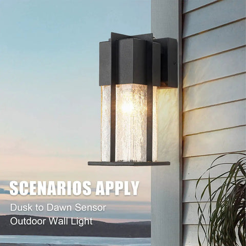 Dusk To Dawn Exterior Wall Light With Crackle Glass Sensor, Modern Outdoor Wall Mount Fixture With Waterproof Black Finish