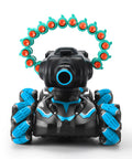 Front view of a blue Remote Control Battle Tank That Shoots Foam Darts, 16 Darts Included, Blue RC Car For Kids Aged 7 To 11