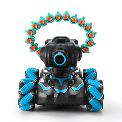 Front view of a blue Remote Control Battle Tank That Shoots Foam Darts, 16 Darts Included, Blue RC Car For Kids Aged 7 To 11