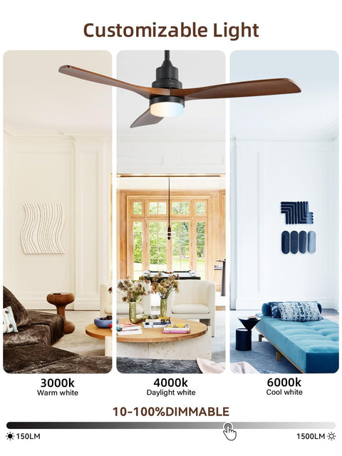 Dope 52 Inch Ceiling Fan With Lights And Remote Control, solid wood, LED dimmable lighting in warm, daylight, cool tones