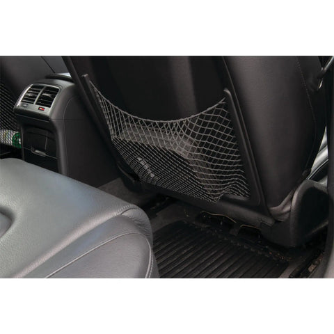 Backseat view of a car with a storage net on the back of the front seat for organizing items, showcasing automotive interior convenience.