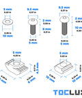 Illustration of Rock Solid 680 Pieces M5 T Slot Nut And Screw Kit Pack showing various components and dimensions.