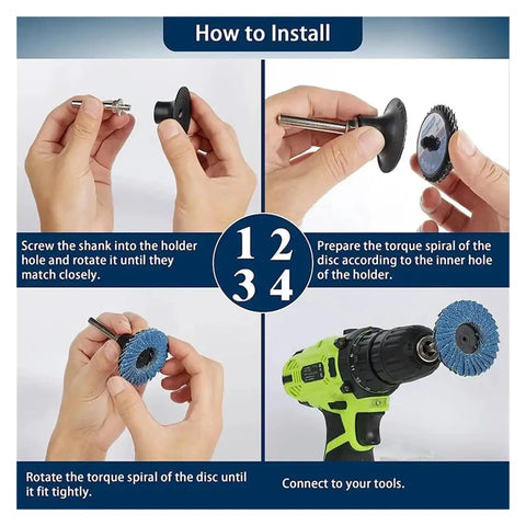 How to install 12 Count 2 Inch Flap Discs With Peel And Switch Backing For Angle Grinder Dust Vent Holes in 4 steps.