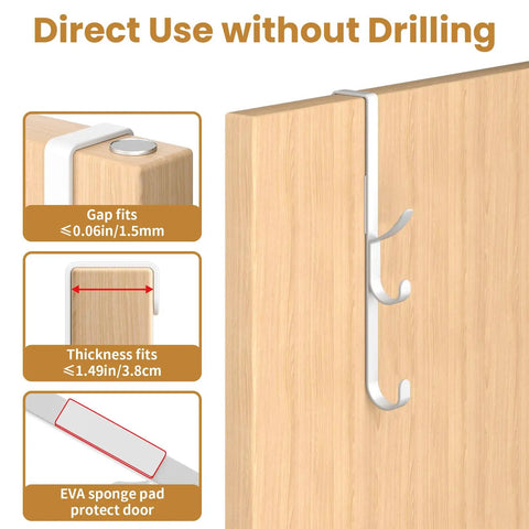 Over The Door Hooks Hanger 2 Pack White, Sturdy Metal Door Organizer illustrating installation on wooden door with EVA protection pads