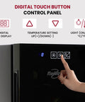 6 Bottle Freestanding Wine Cooler With Glass Door And Digital Temperature Control display panel being adjusted by hand