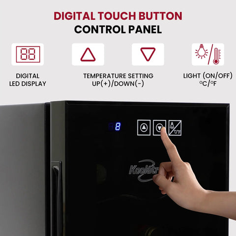 Person using digital control panel on Six Bottle Wine Fridge With UV Protective Glass Door And Soft Interior Lighting Freestanding