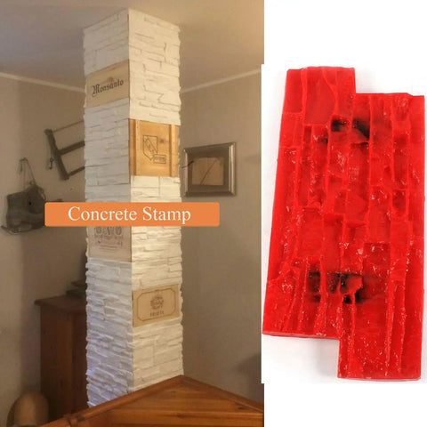 Granite Look Stamp Mat Pro Grade For Concrete Texturing Slate Pattern Stone Texture Cement Imprint Polyurethane Stamp Mat 15.7 x 7.8 x 0.6 inches next to applied texture on a column wall.