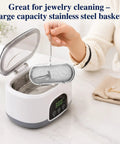 No Sweat Stainless Steel Ultrasonic Cleaner Baskets With Heavy Duty Locking Clips For Quick Watch Jewelry And Tool Washing that shows a large capacity stainless steel basket being used for jewelry cleaning.