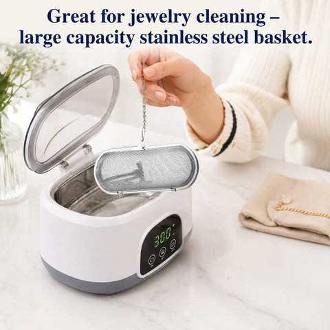 No Sweat Stainless Steel Ultrasonic Cleaner Baskets With Heavy Duty Locking Clips For Quick Watch Jewelry And Tool Washing that shows a large capacity stainless steel basket being used for jewelry cleaning.