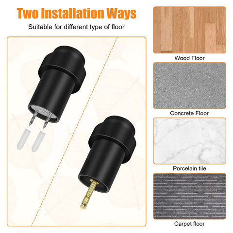Heavy Duty Cylindrical Black Rubber Door Stops That Grip Tight And Shield Walls From Nasty Scuffs While Saving Floor Space And Looking Pretty Slick For Any Home Or Shop Setup Plus You Score Two Sturdy Bumpers installation options with two types of floor surfaces shown.