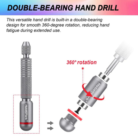 Sweet Mini Pin Vise Kit With 10 Precision Drill Bits Plus 10 Micro Chuck Collets To Totally Nail RC Repairs Wood Crafts Jewelry Making And Resin Carving Jobs Pretty Darn Slick, showing double-bearing hand drill with 360-degree rotation.