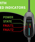 Close-up of Premium Level 1 EV Charger With Slick Plug And Play Nema 5 15 Adapter showing LED indicators for power and faults.