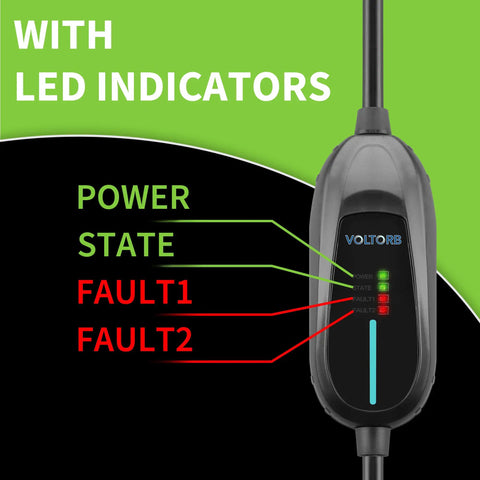 Close-up of Premium Level 1 EV Charger With Slick Plug And Play Nema 5 15 Adapter showing LED indicators for power and faults.