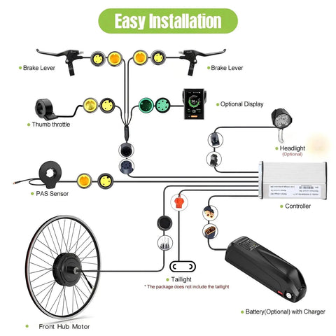 Diagram of Front Hub Electric Bike Conversion Kit 48V 500W For 26 Inch And 700C Wheels With LCD Display and components