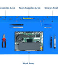 Blue Monster Sized Extra Large Soldering Mat for Electronics Repair showing tool areas and workbench pad, 27.6x15.7 inches.