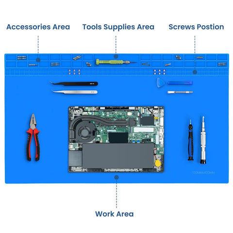 Blue Monster Sized Extra Large Soldering Mat for Electronics Repair showing tool areas and workbench pad, 27.6x15.7 inches.
