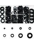 200 Piece Rubber Grommet Wiring Kit With Eight Size Assortment for Wiring Protection in clear organizer box