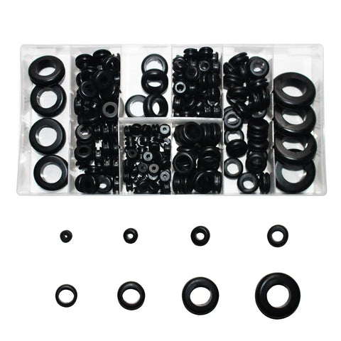 200 Piece Rubber Grommet Wiring Kit With Eight Size Assortment for Wiring Protection in clear organizer box
