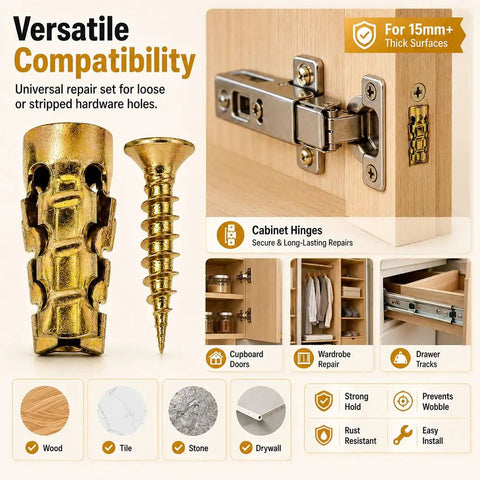 Hinge Repair Kit With Expansion Anchors And 6x14mm Dowels For Stripped Cabinet Holes Easy Fix To Restore Loose Wood Furniture Doors
