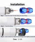Swivel 6AN Female To 6AN Female Fitting Adapter Aluminum Red And Blue For High Pressure Hydraulic And Fuel Lines With 9/16-18 UNF Threads 1500 PSI Rating Operating From -40 To 250 Degrees F installation steps