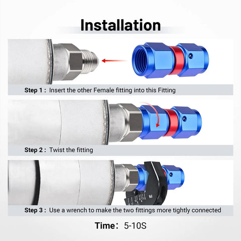 Swivel 6AN Female To 6AN Female Fitting Adapter Aluminum Red And Blue For High Pressure Hydraulic And Fuel Lines With 9/16-18 UNF Threads 1500 PSI Rating Operating From -40 To 250 Degrees F installation steps