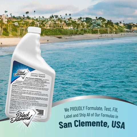Bottle of Natural Stone Floor Cleaner For Limestone, Travertine, Marble, Slate And Polished Concrete, Concentrated PH Neutral Formula on beach background