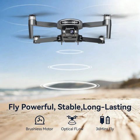 Dope 4K GPS Drone With Camera For Adults, Auto Return Home, hovering over a beach with optical positioning, beach view in background